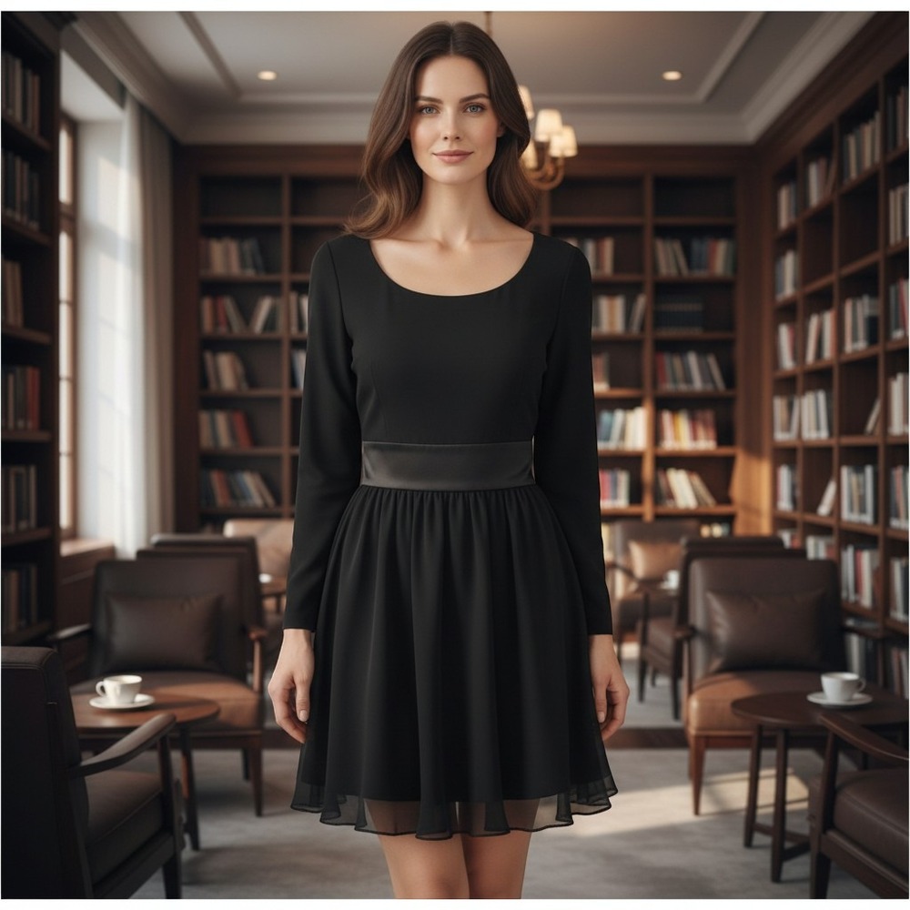Nipon Night Black Long Sleeve Cocktail Dress Satin Waist Chiffon Skirt Sz 10